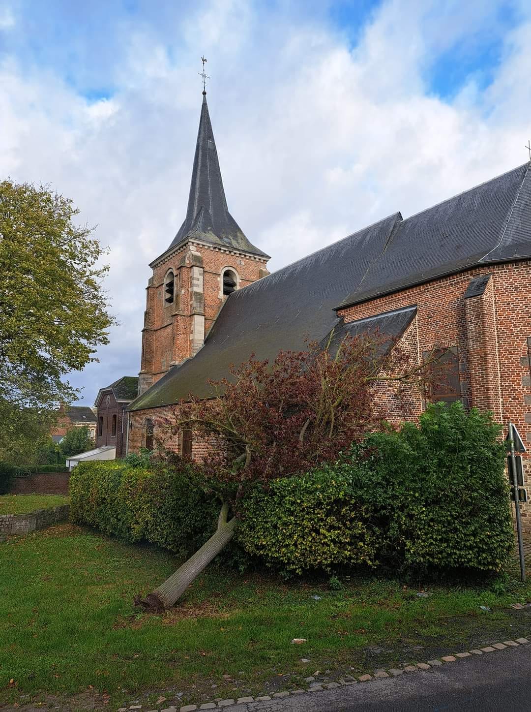 Photo arbre tombé sur église d'Angre